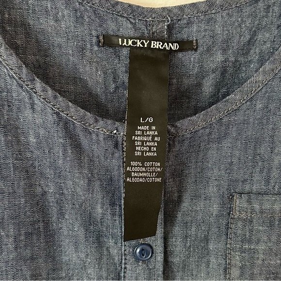 Lucky Brand Chambray Cotton Denim Romper Shorts Button Front Cinched Waist Sz L - Picture 10 of 11